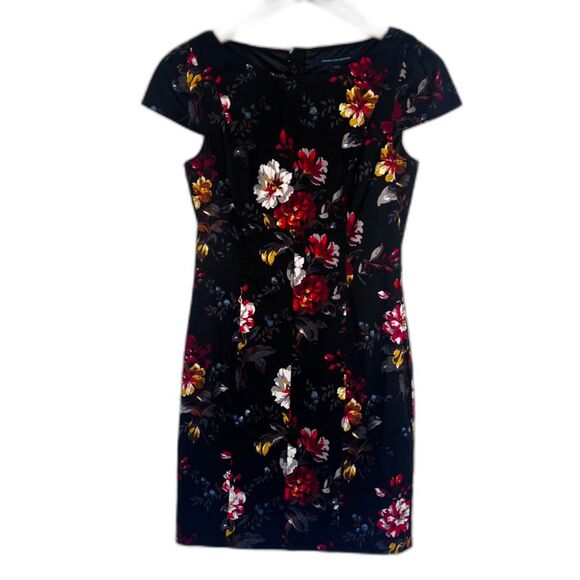 French Connection Black Floral Print Cap Sleeve Cotton Sheath Dress Size 8